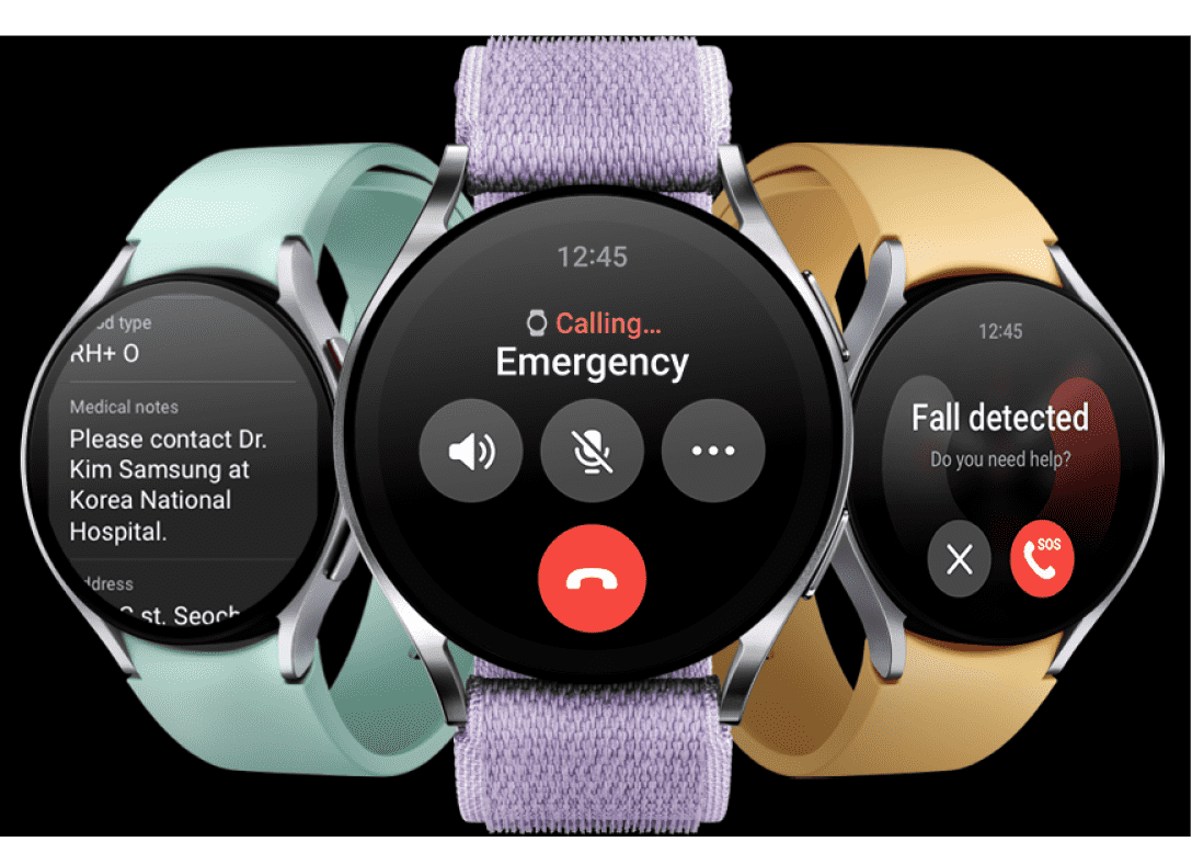 Three Watch6 devices showing medical notes, emergency calls and fall detection on their screens