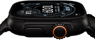 Apple Watch Ultra 3, side exterior, black titanium case, compass on Orienteering watch face, Action button and digital crown