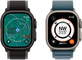 Two Apple Watch Ultra 3 devices, one showing maps and the other showing Backtrack features including compass, elevation and marked waypoints