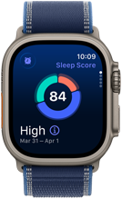 Apple Watch Ultra 3, titanium natural case, sleep score screen, breakdown in circle graph, score in centre, strap, blue Trail Loop