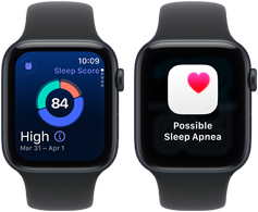 Two Apple Watch SE 3 devices with Midnight aluminium cases showing sleep score and a possible sleep apnoea alert on screens