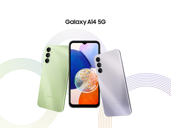 Samsung Galaxy A14 5G in lime green and grey.
