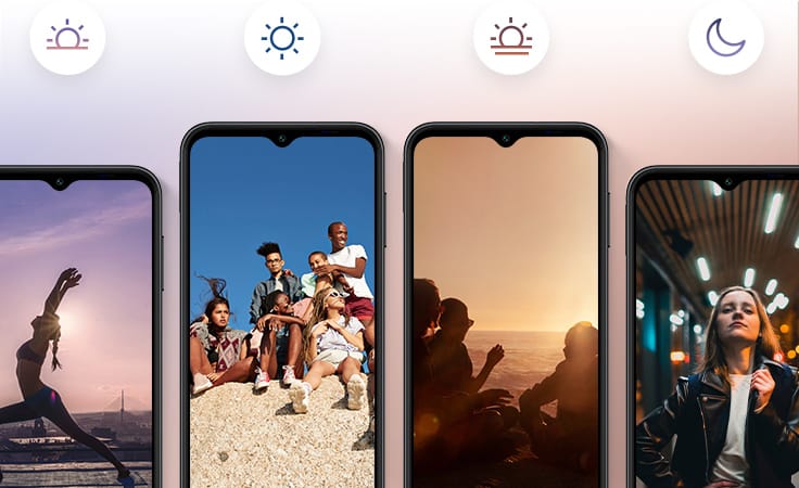 Stylised image of the Galaxy A14 battery lasting from day to night.