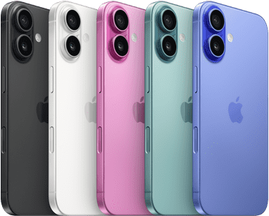 iPhone 16, back exterior, raised advanced dual-camera system, Apple logo in centre, all five finishes, Black, White, Pink, Teal, Ultramarine