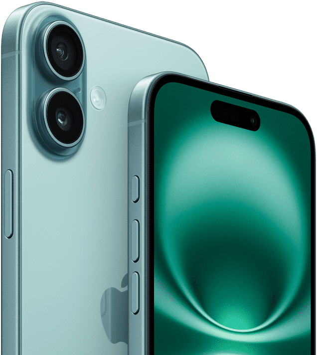 iPhone 16 Plus and iPhone 16, Action button, volume buttons, side button and Camera Control, front exterior all-screen design, Dynamic Island centred near top, back exterior, Teal finish, raised advanced dual-camera system in top left corner, Apple logo in centre