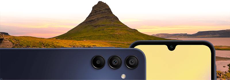 phone rear and front camera in front of a scenic view