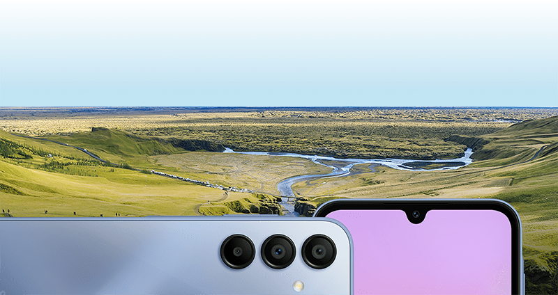 phone front and rear camera in front of a scenic view