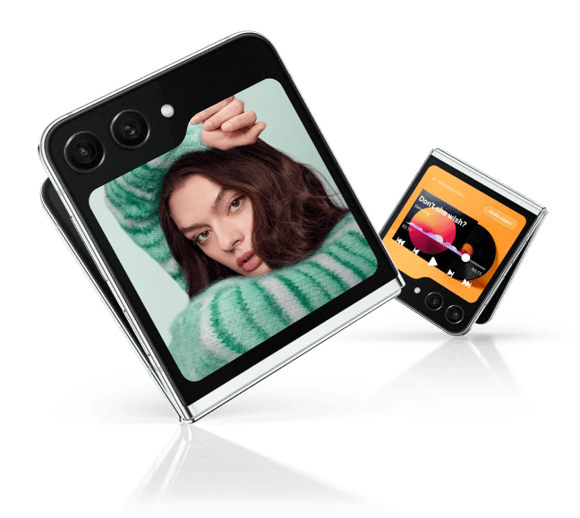 2 Flip5 phones with screenshots on their cover screens showing a music app and portrait of a woman in a colourful sweater