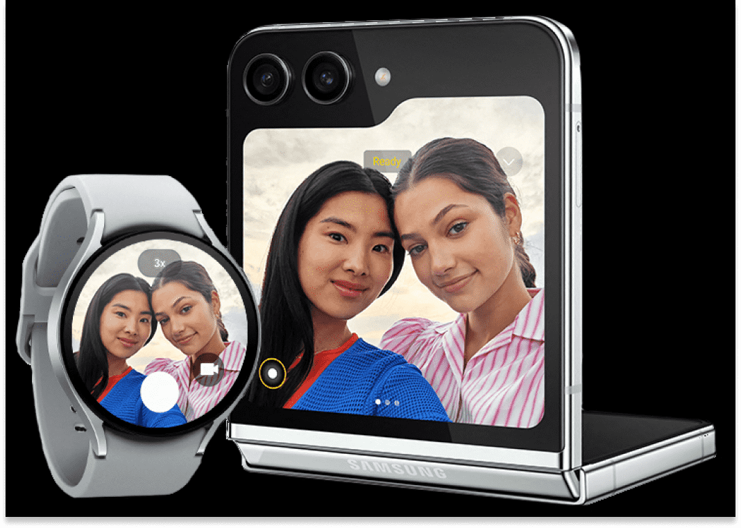 A watch6 and Galaxy Z Flip5 in flex mode demonstrating how you can use the watch like a viewfinder and take pictures from your phone