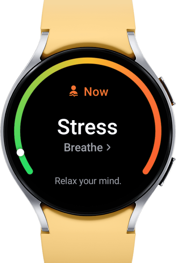 Watch6 with yellow strap showing a stress level app reminding a user to breathe