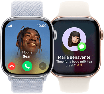 An incoming call on an Apple Watch Series 10 and an incoming text on another Apple Watch Series 10.