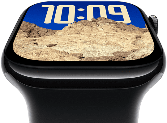 The screen of Apple Watch Series 10 tilting back to emphasise its larger screen area.