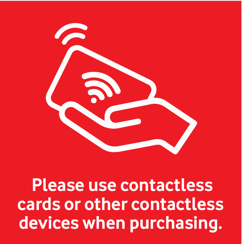 Hand holding a bank card icon asking customers to use contactless payment methods