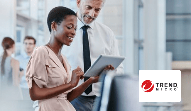 TrendMicro Woman showing male colleague work on tablet